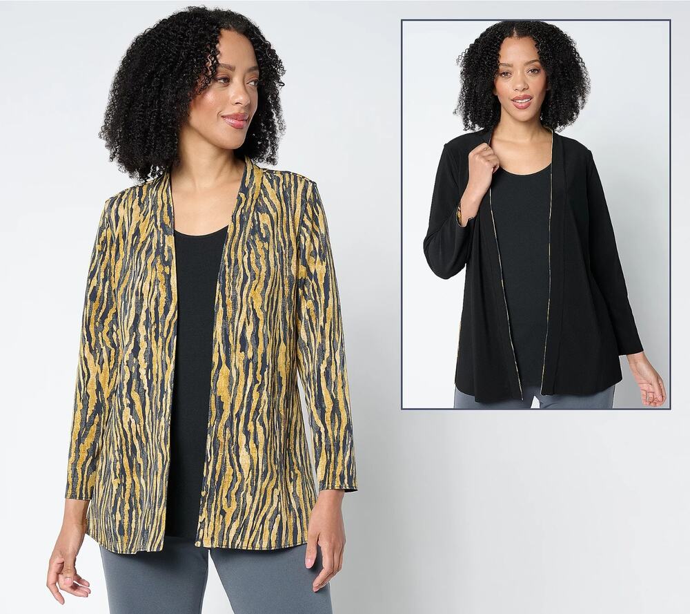 Susan Graver Topper Womens Plus 4X Black Animal Print Classic Open Front Office